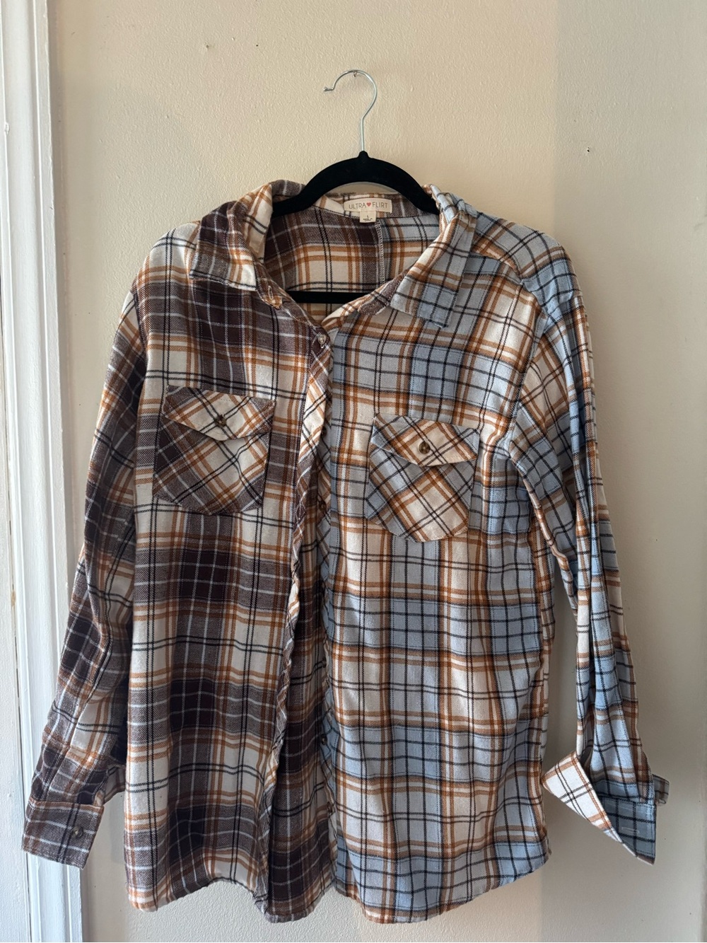 Womens Plaid Flannel Shirt - Brown & Cream